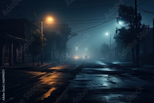 A misty, foggy night in the city, where streetlights cast eerie shadows on the wet asphalt......