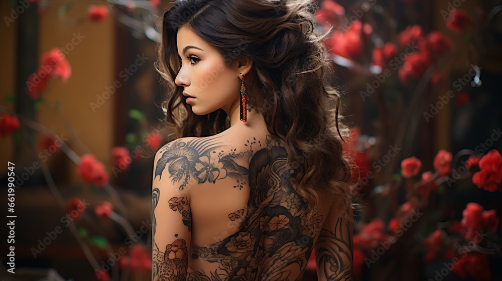 A woman with yakuza style tattoos. dangerous people, concept: girls in the mafia and criminal gangs of Japan.