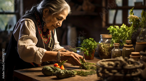 Mexican healer preparing her herbal infusions to heal a patient, natural medicine, local culture and Latin American tradition, Mexican shaman photo
