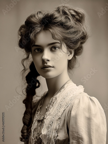 Retro Portrait of Unknown Young Woman from the turn of the Century Around 1880 to 1930 Wallpaper Background Card Cover Digital Art 