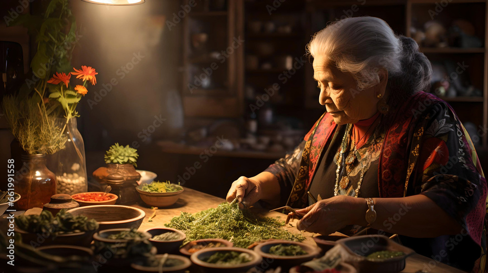 Mexican healer preparing her herbal infusions to heal a patient, natural medicine, local culture and Latin American tradition, Mexican shaman - obrazy, fototapety, plakaty 
