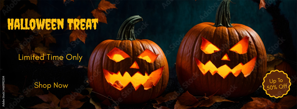 Halloween sale concept background with spooky pumpkins, banner 