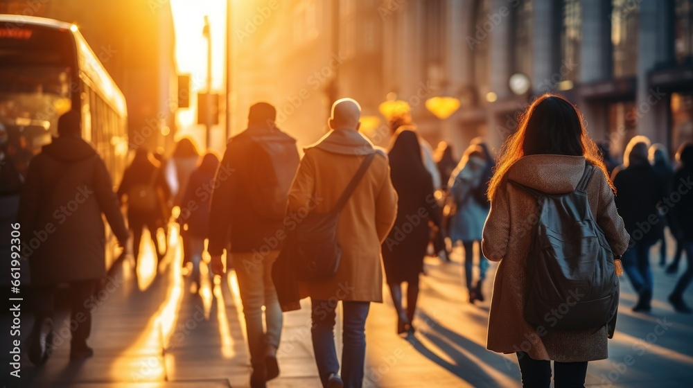 Crowds of people walk home from work at sunset