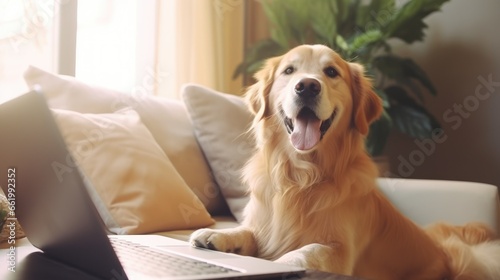 A happy golden retriever dog looks at a laptop in front of him at home