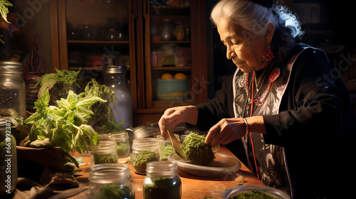 Mexican healer preparing her herbs to heal a patient, alternative medicine, natural medicine, traditional Latin American culture