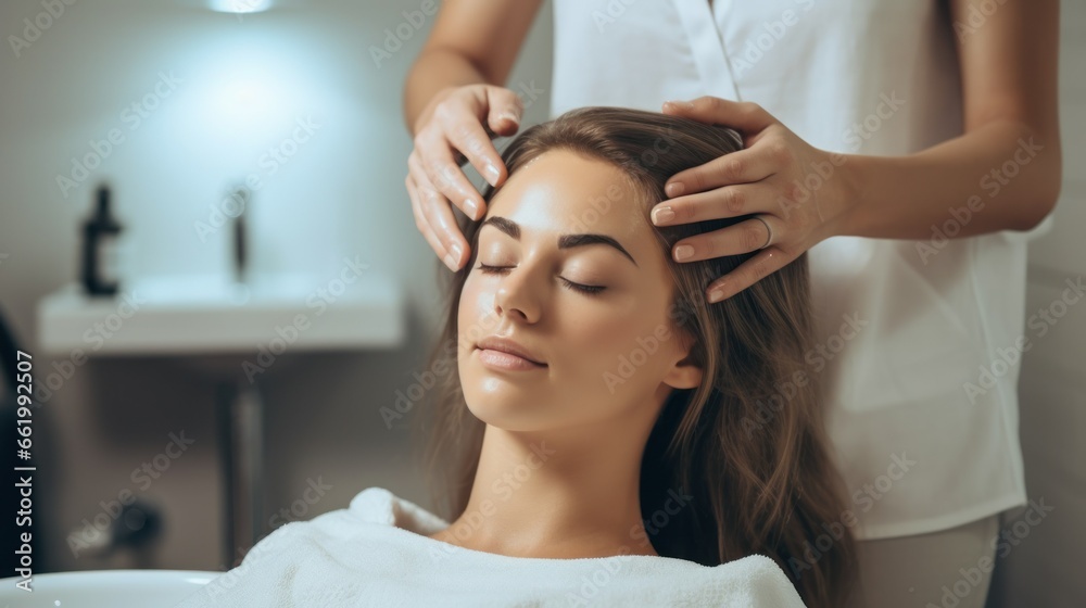 Naklejka premium Young woman getting a hair treatment