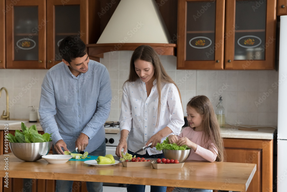 Cheerful parents and cute kid girl cooking salad together, preparing ingredients, slicing fresh vegetables at kitchen table, talking, laughing. Family household, healthy lifestyle concept Cheerful parents and cute kid girl cooking salad together, preparing ingredients, slicing fresh vegetables at kitchen table, talking, laughing. Family household, healthy lifestyle concept