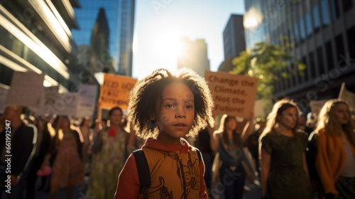 Little boy poses in front of a crowd protesting climate change photo