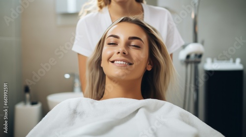 Young happy woman who takes care of her hair