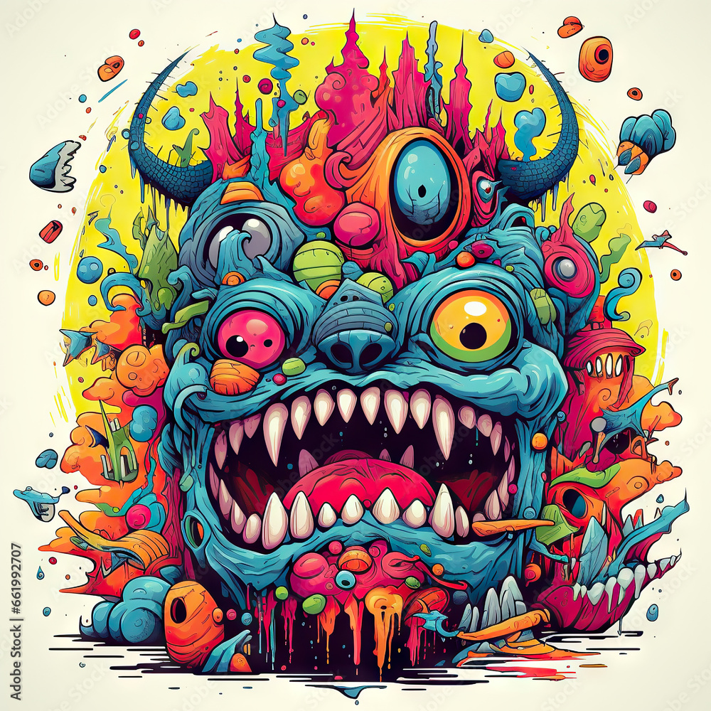 Illustration, creepy monster, bright full colors, middle composition