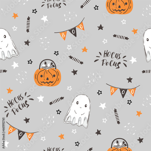 Grey happy halloween seamless repeat pattern, ghost, pumkin, words, text boo, candy, stars, dots, orange, black, white, trick and treat perfect for paper, wrapping and party decoration.