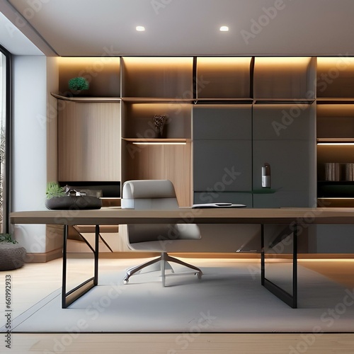 A minimalist, Zen-inspired home office with a clutter-free desk, calming colors, and natural materials1