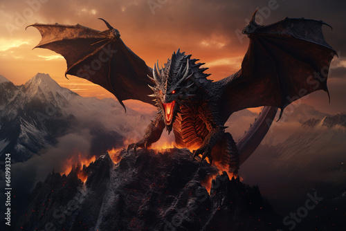 A colossal dragon, perched on a mountain peak, releases an inferno from its maw, turning the night into day.