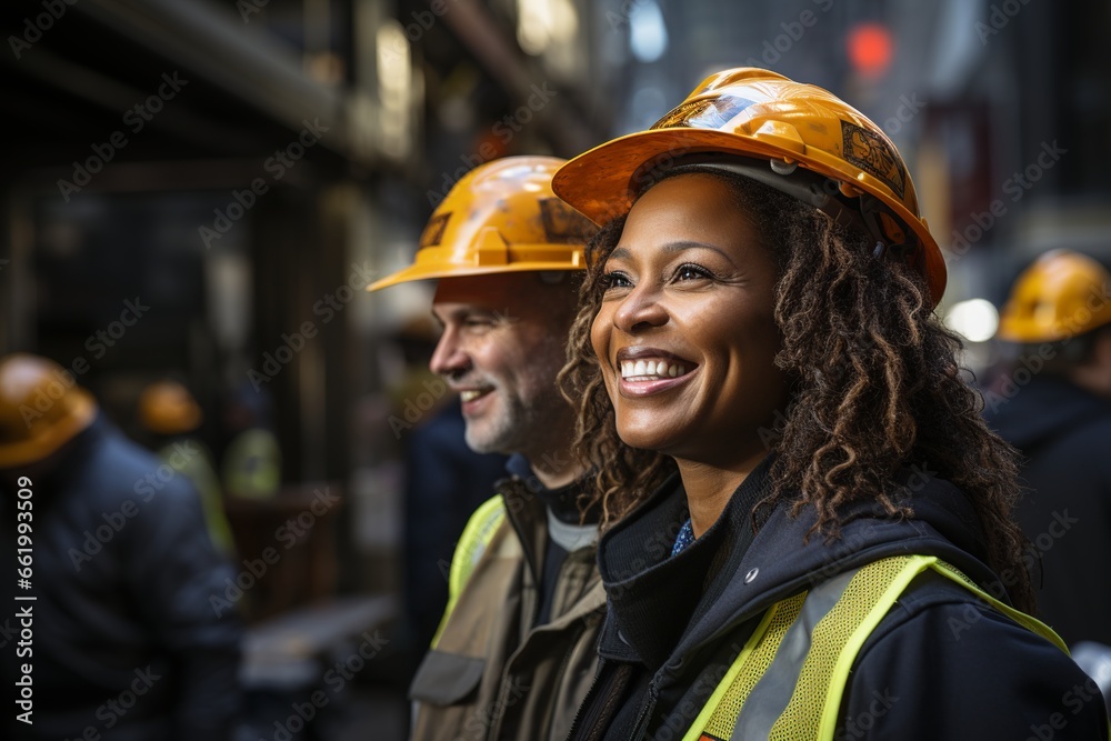 middle aged afro american woman working in a construction in protective helmet and vest gender equality middle aged afro american woman working in a construction in protective helmet and vest gender equality