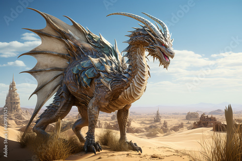A desert dragon basking in the sun amidst a vast expanse of sand dunes, with mirages of oasis and cities visible in the distance © EOL STUDIOS