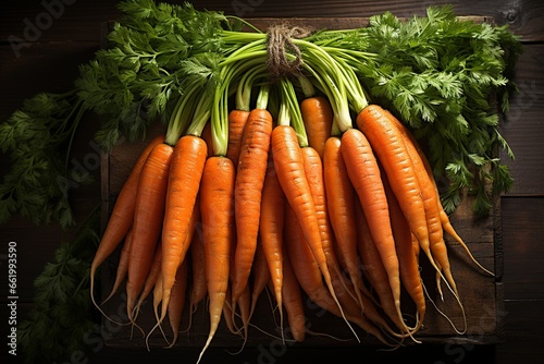 Overhead view of bunch of carrots on wooden table