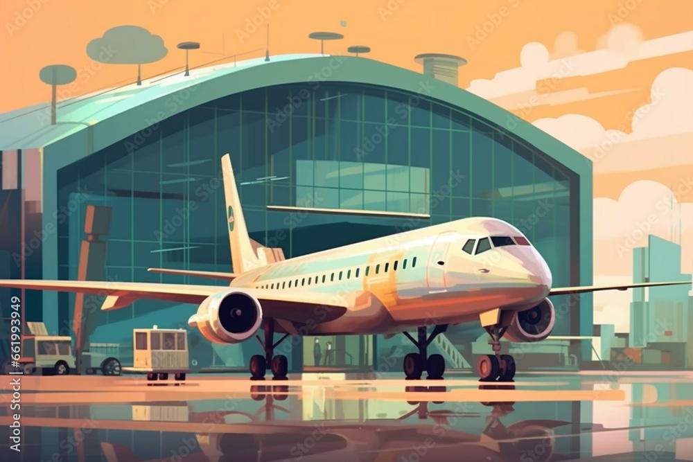 Airport illustration with airplane. Generative AI