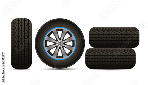 Set of car wheels with alloy rims and new tires realistic composition vector illustration