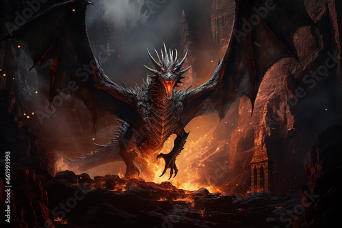 Amidst a scorched battlefield, a dragon stands triumphant. With every exhale, it releases plumes of fire, painting the desolate ground with its wrath and dominance