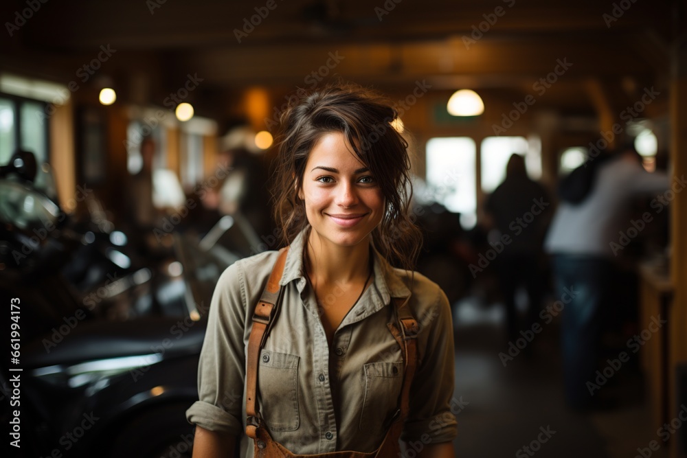 Young woman working in Motorcycle workshop covered in grease Young woman working in Motorcycle workshop covered in grease