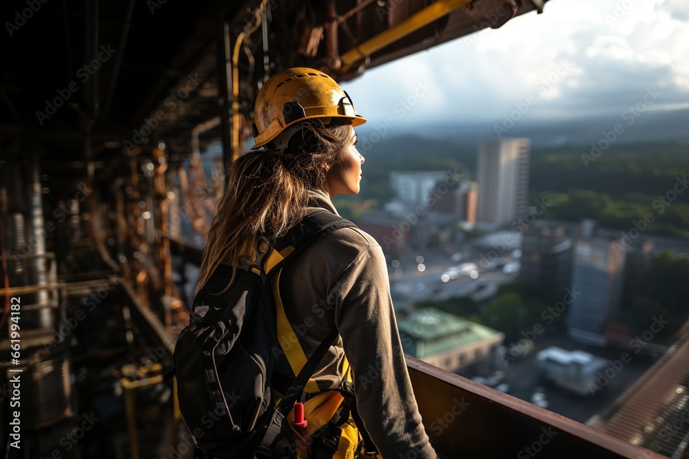 Young woman working in high-rise skyscraper construction wearing protective gear Young woman working in high-rise skyscraper construction wearing protective gear