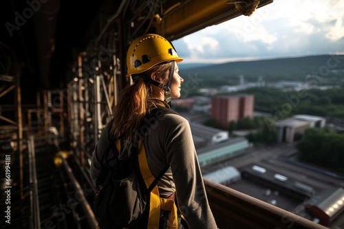 woman working in high-rise skyscraper construction wearing protective gear