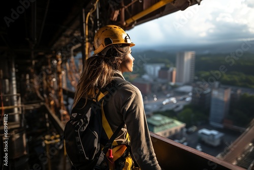Young woman working in high-rise skyscraper construction wearing protective gear