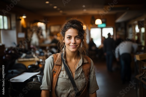 beautiful Young woman working in Motorcycle workshop covered in grease and dirt