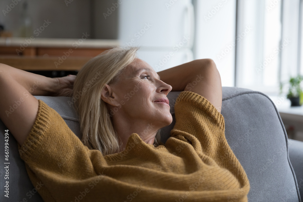 Happy peaceful middle aged lady relaxing on home sofa, looking at window away, enjoying relaxation, leisure, break, thinking, dreaming, smiling at good thoughts, taking deep breath of fresh air Happy peaceful middle aged lady relaxing on home sofa, looking at window away, enjoying relaxation, leisure, break, thinking, dreaming, smiling at good thoughts, taking deep breath of fresh air