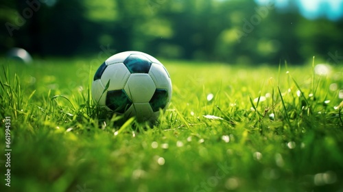 Bright green grass with a soccer ball lying on it.