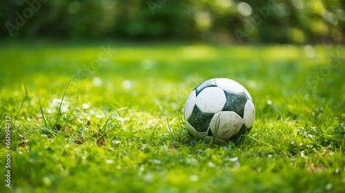 Bright green grass with a soccer ball lying on it.