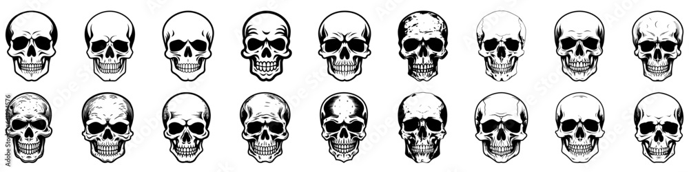 Human skulls set. Skull silhouettes. Skull icons set. Collection of skulls