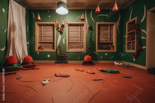 Interior of a house after New Year or Christmas party in green and red colors. 