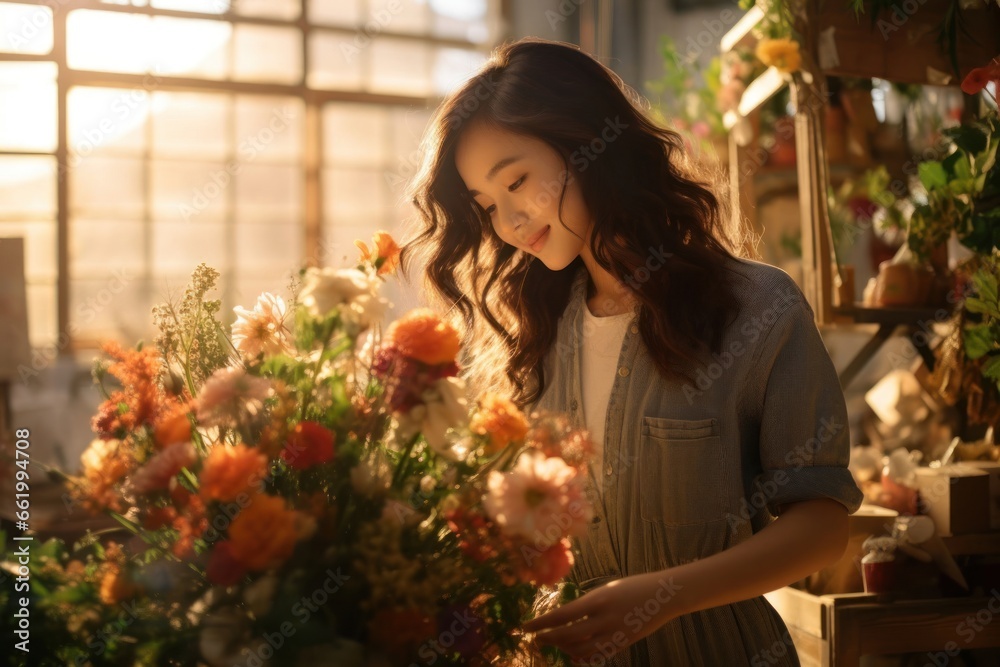 Asian Female Florist Employee Attractive Background Generative AI