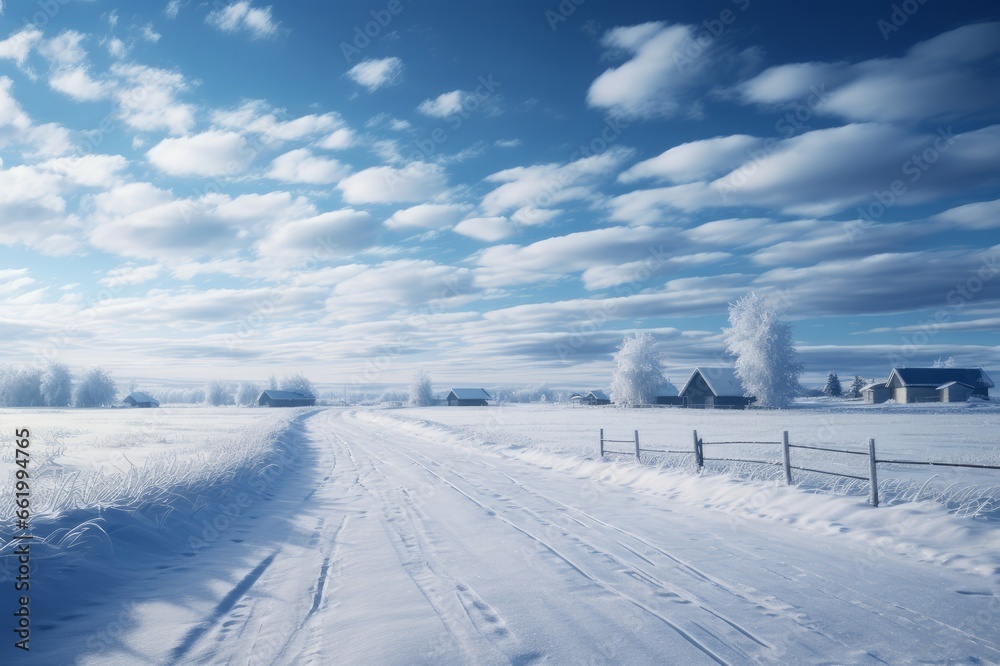 Snow covered road to beautiful village. Winter natural background