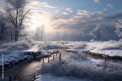 Winter landscape with small river, field and trees. Idyllic, scenic nature. 