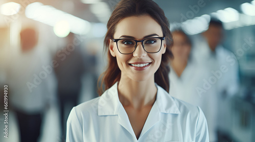 eautiful young woman scientist wearing white coat and glasses in modern Medical Science Laboratory with Team of Specialists on background