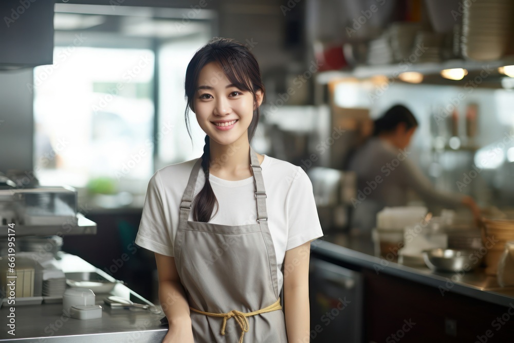 Asian Female Food Preparation Worker Attractive Backdrop Generative AI Asian Female Food Preparation Worker Attractive Backdrop Generative AI