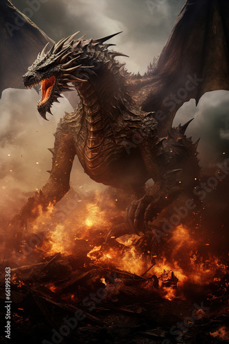 Amidst a scorched battlefield  a dragon stands triumphant. With every exhale  it releases plumes of fire  painting the desolate ground with its wrath and dominance