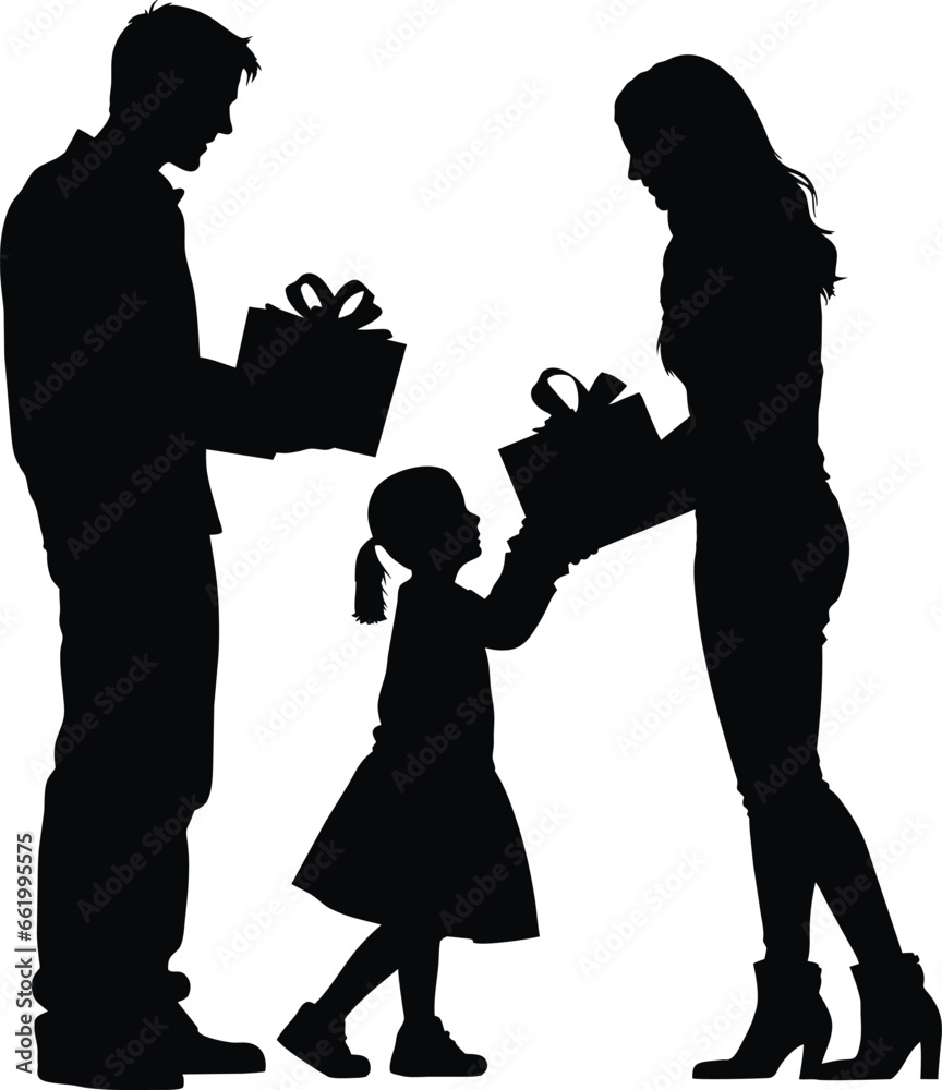 The family is happy with the gift. Silhouette vector illustration