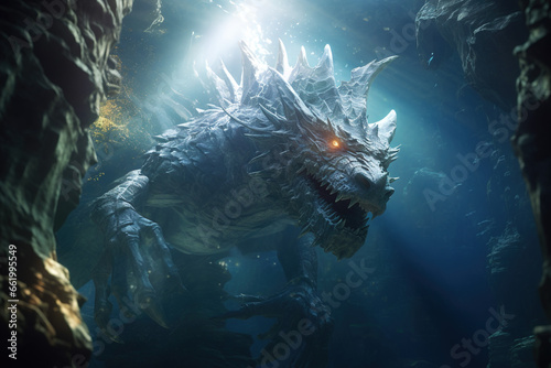 An ethereal water dragon, gracefully swimming around ancient underwater ruins, with light beams breaking through the water's surface and illuminating the scene