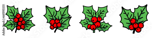 Christmas holly berry leaves icon. Cartoon Christmas icons set.
