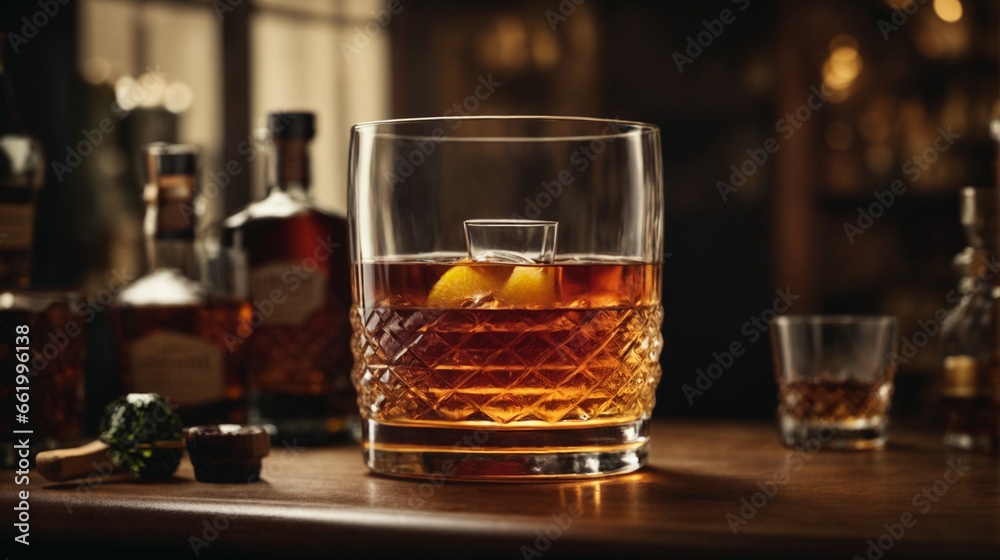 Glass of whiskey, featuring an Old-Fashioned in a ribbed glass.