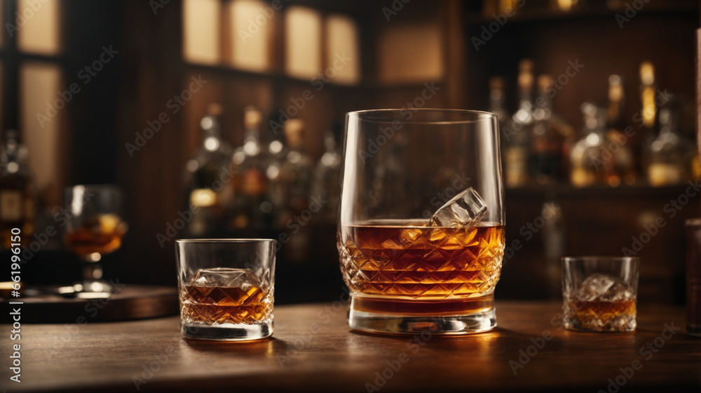 Glass of whiskey on the table, featuring an Old-Fashioned in a ribbed glass.