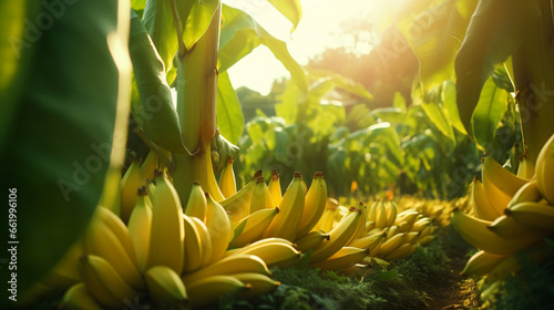 Banana farm in harvest season with sunshine and vanilla sky. Created using generative AI.