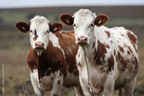 A pair of bovine animals with a mix of brown and white patches. Generative AI © Merek