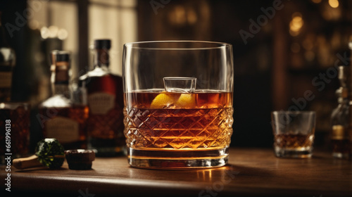 Glass of whiskey, featuring an Old-Fashioned in a ribbed glass.