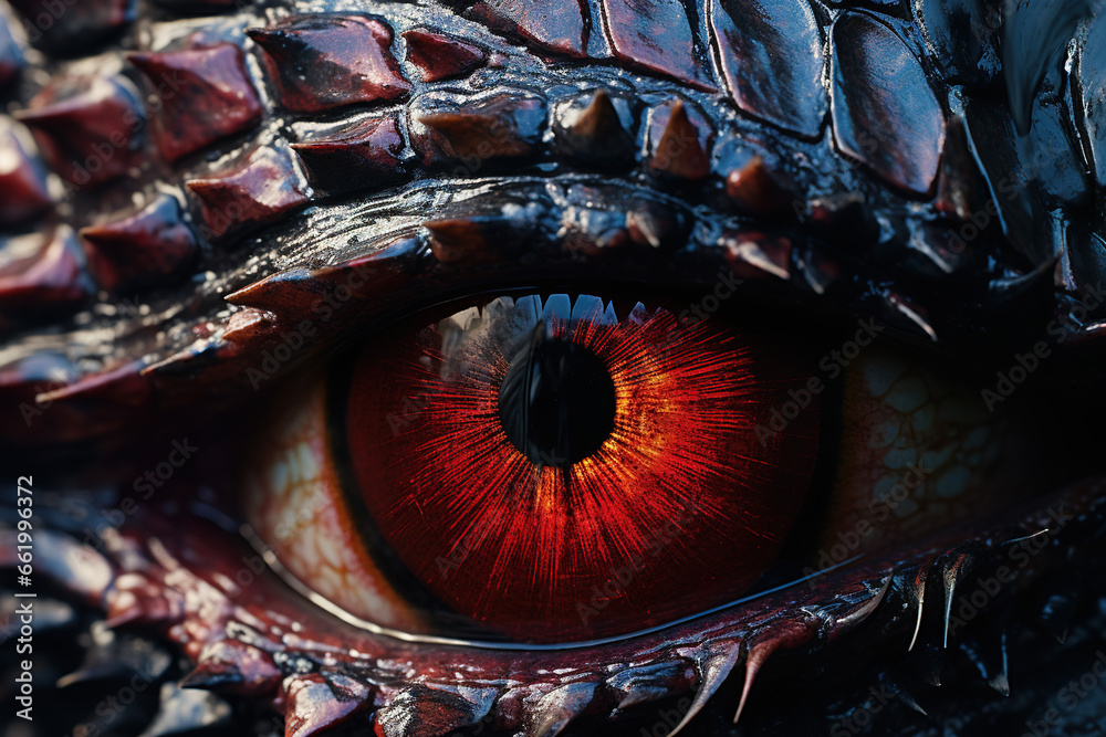 Close-up of a dragon's eye, reflecting a medieval castle and knights readying for battle. The dragon's scales glisten around its eye