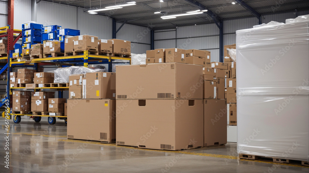 Warehouse with boxes. Small parcels to larger boxes, as they move seamlessly through the warehouse, ready for dispatch. Warehouse with boxes. Small parcels to larger boxes, as they move seamlessly through the warehouse, ready for dispatch.