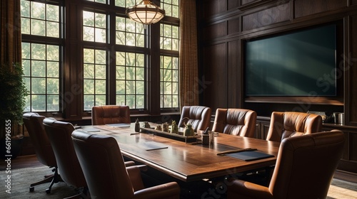 A boardroom with a polished wooden table  high-back chairs  and a projector screen.